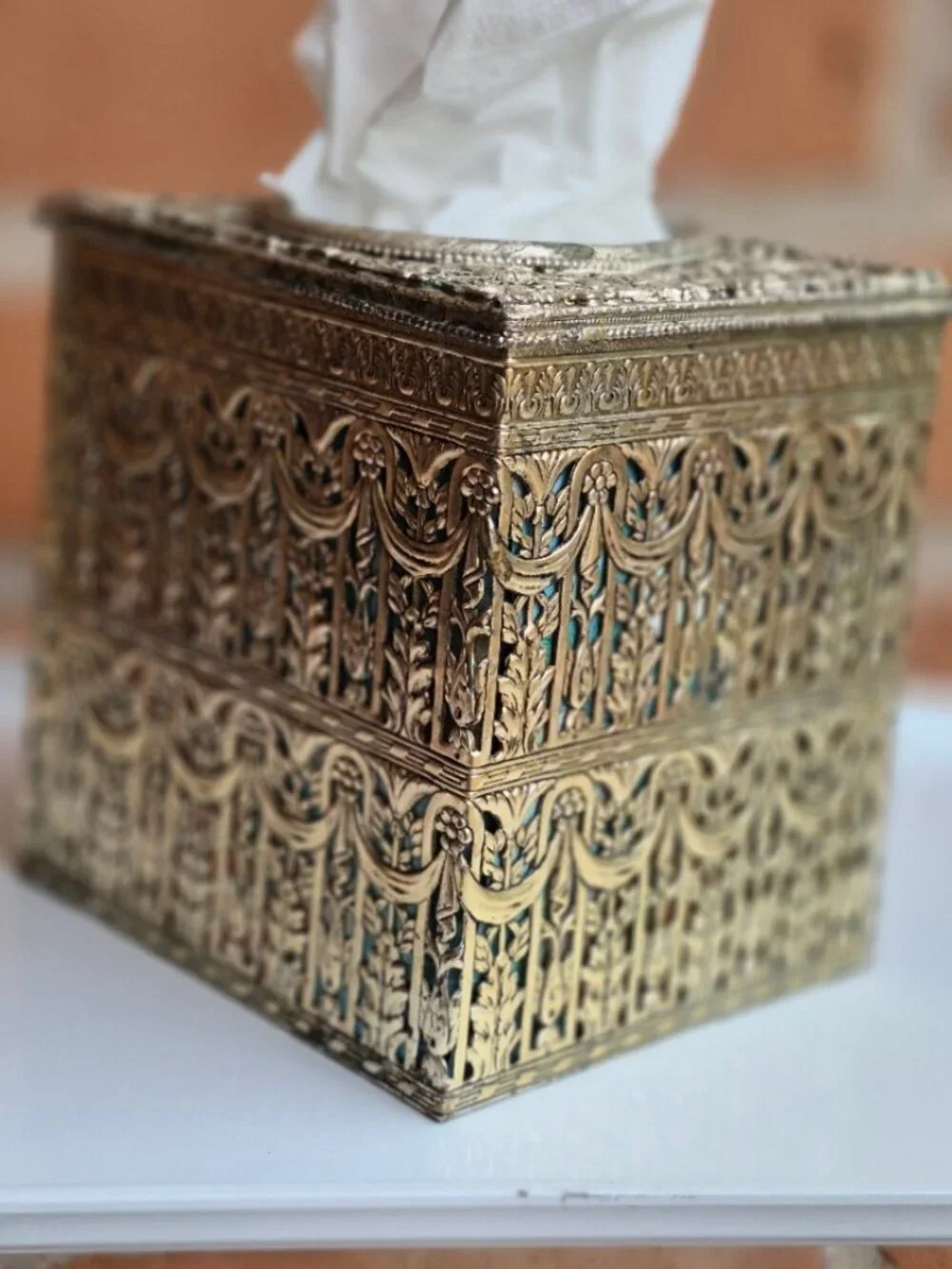 Vintage Hollywood Regency Filigree Vanity Ornate Square Tissue Box Cover